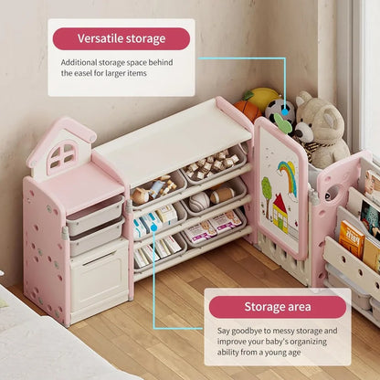 Kids Multifunctional Toy Storage Organizer with 3-Tier Bookshelf, Storage Rack & Drawing Board