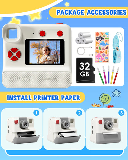 Gofunly  1080P HD Instant Print Camera With 3 Rolls Printing Paper & 32GB Card