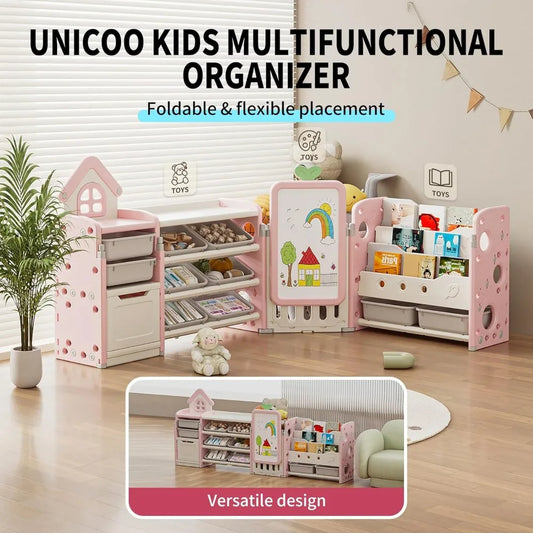 Kids Multifunctional Toy Storage Organizer with 3-Tier Bookshelf, Storage Rack & Drawing Board