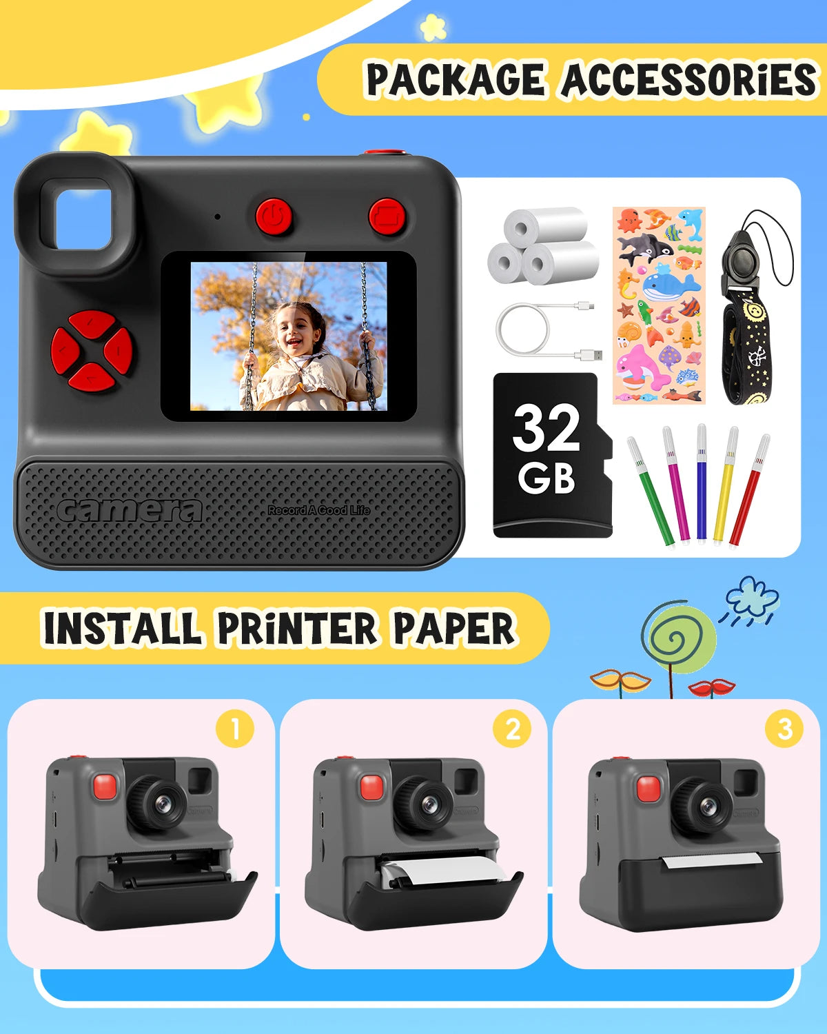 Gofunly  1080P HD Instant Print Camera With 3 Rolls Printing Paper & 32GB Card