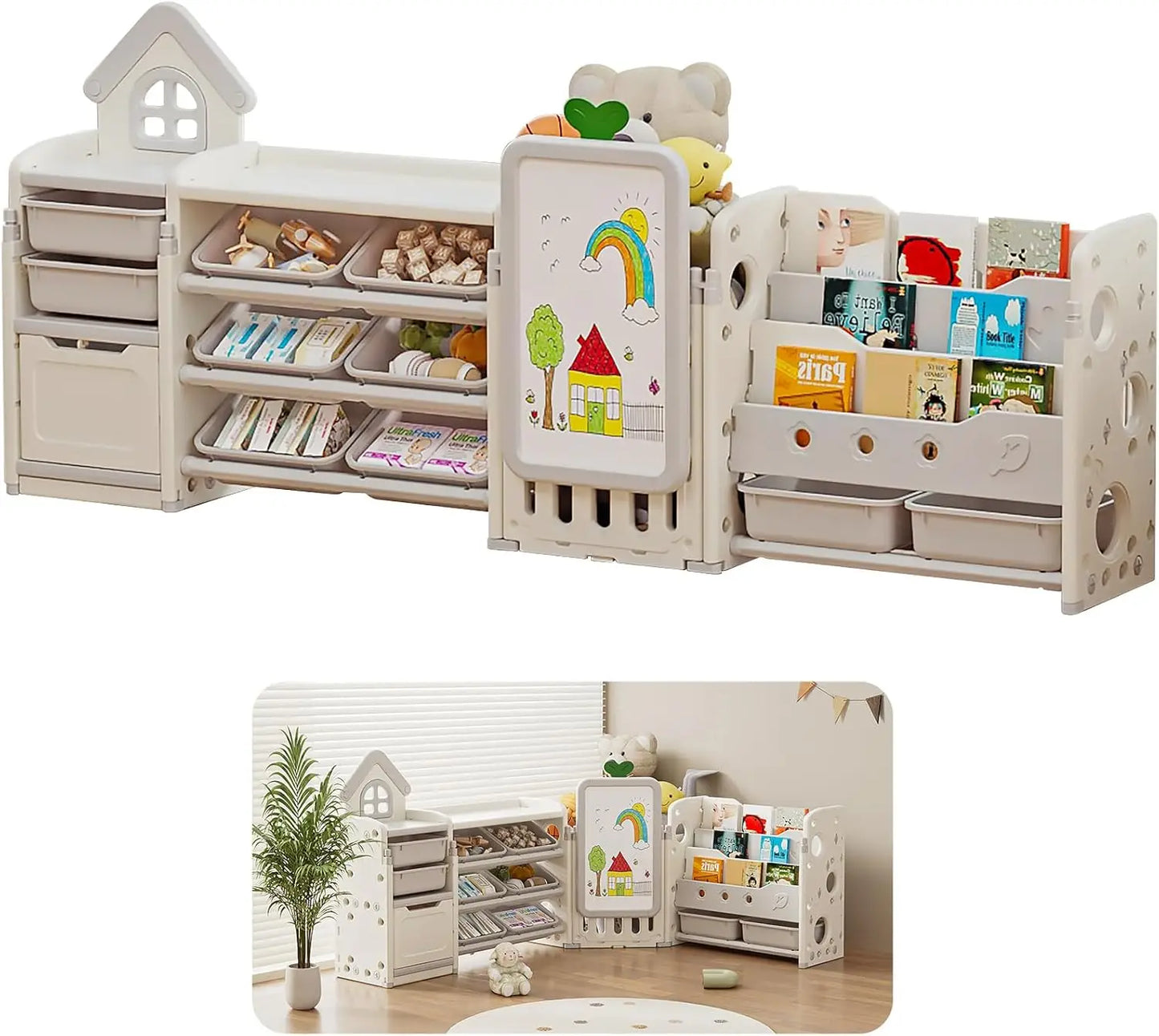 Kids Multifunctional Toy Storage Organizer with 3-Tier Bookshelf, Storage Rack & Drawing Board