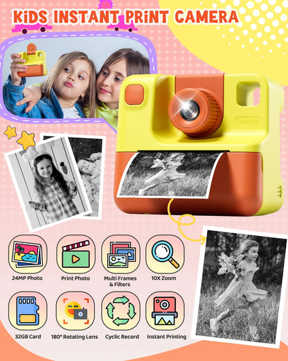 Gofunly  1080P HD Instant Print Camera With 3 Rolls Printing Paper & 32GB Card