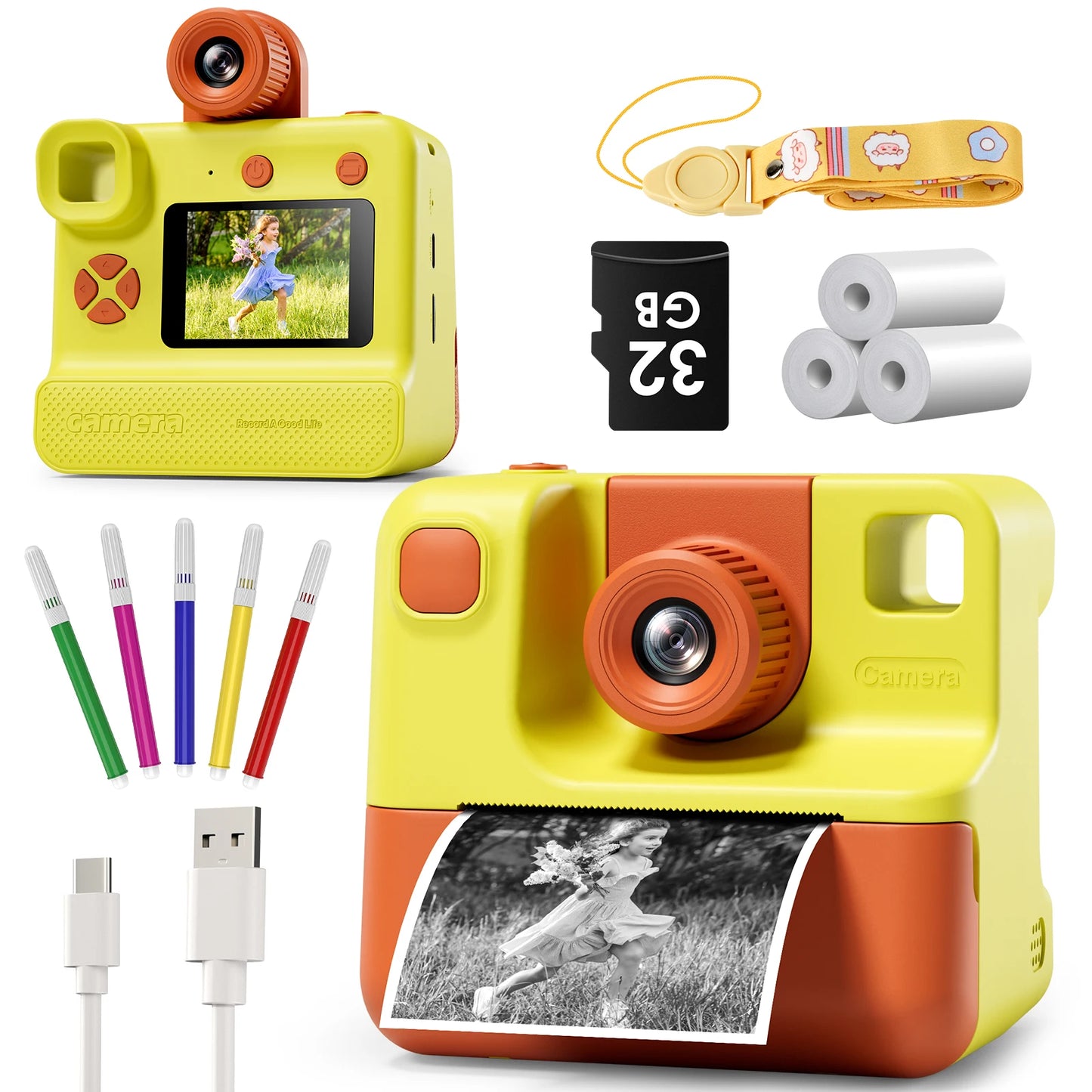 Gofunly  1080P HD Instant Print Camera With 3 Rolls Printing Paper & 32GB Card