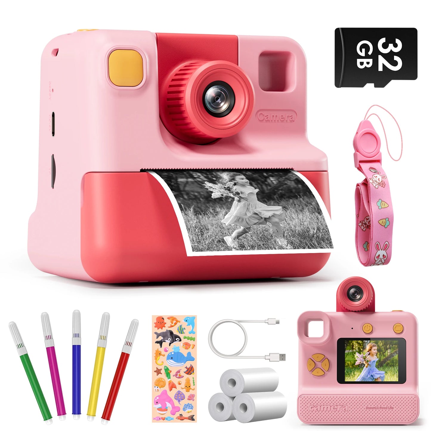 Gofunly  1080P HD Instant Print Camera With 3 Rolls Printing Paper & 32GB Card