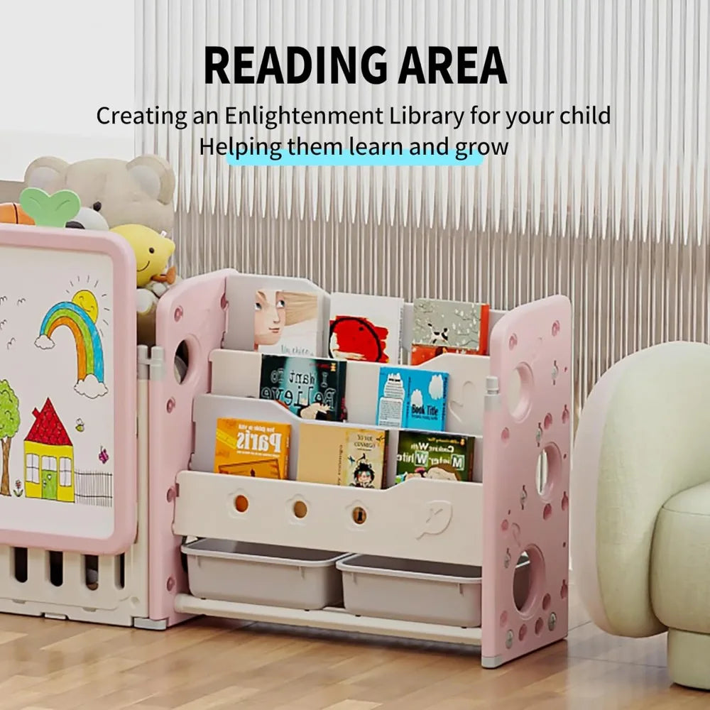 Kids Multifunctional Toy Storage Organizer with 3-Tier Bookshelf, Storage Rack & Drawing Board