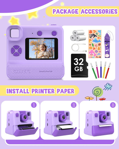 Gofunly  1080P HD Instant Print Camera With 3 Rolls Printing Paper & 32GB Card