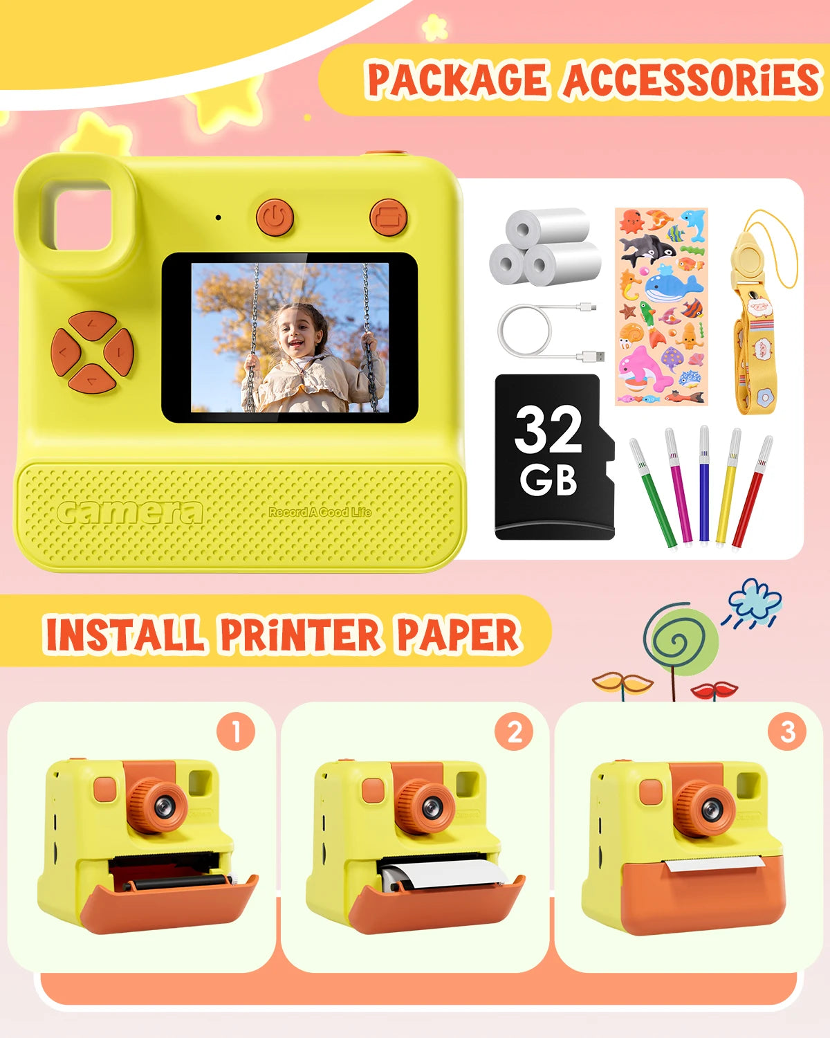 Gofunly  1080P HD Instant Print Camera With 3 Rolls Printing Paper & 32GB Card