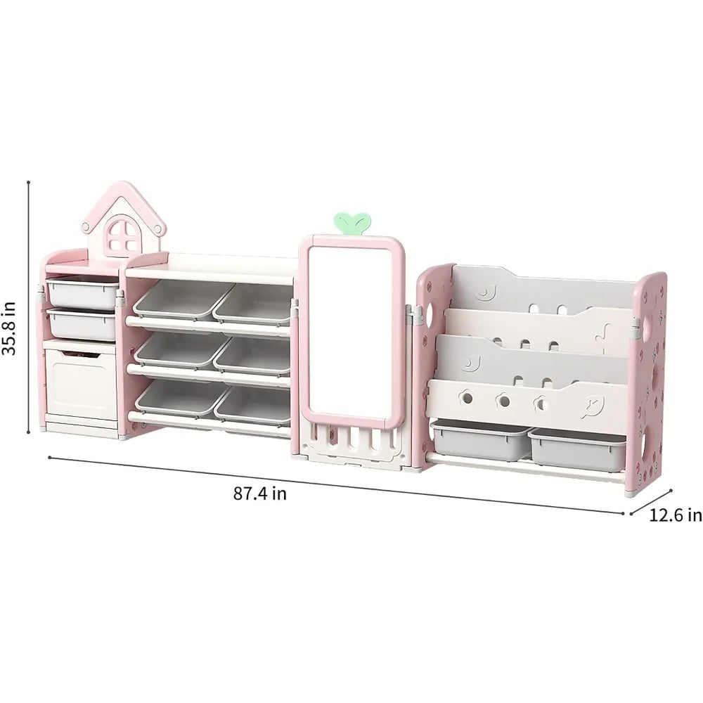 Kids Multifunctional Toy Storage Organizer with 3-Tier Bookshelf, Storage Rack & Drawing Board