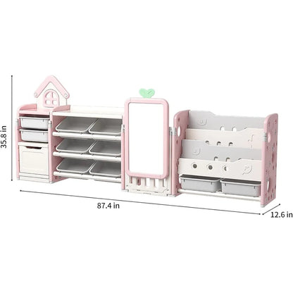 Kids Multifunctional Toy Storage Organizer with 3-Tier Bookshelf, Storage Rack & Drawing Board